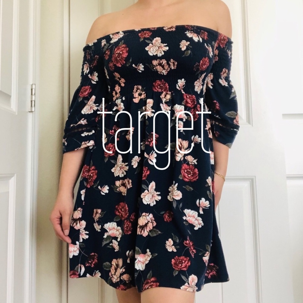 Blue and Pink Floral Off the Shoulder Dress